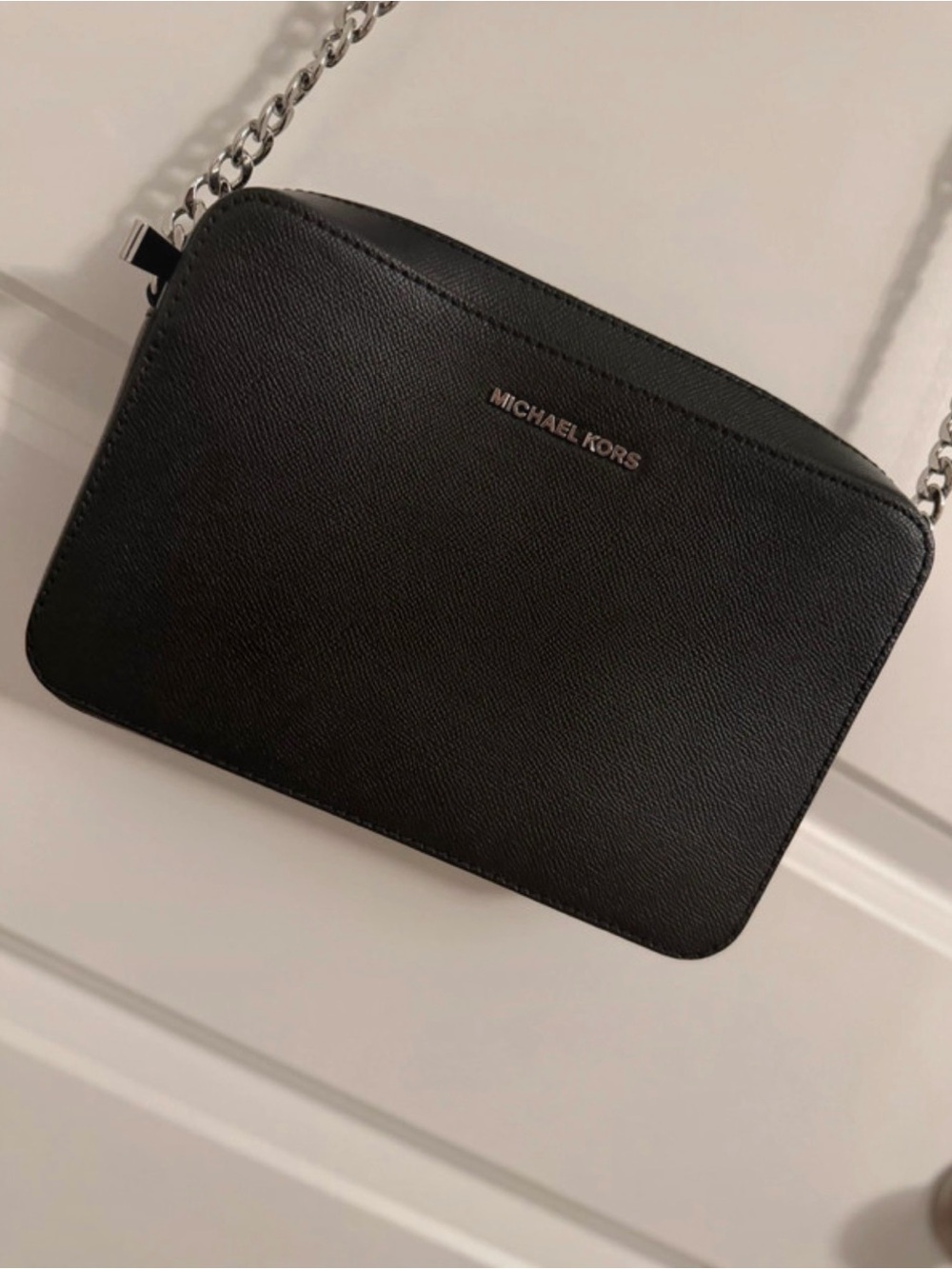 Michael Kors Black Leather Crossbody Belt Bag with Silver Chain